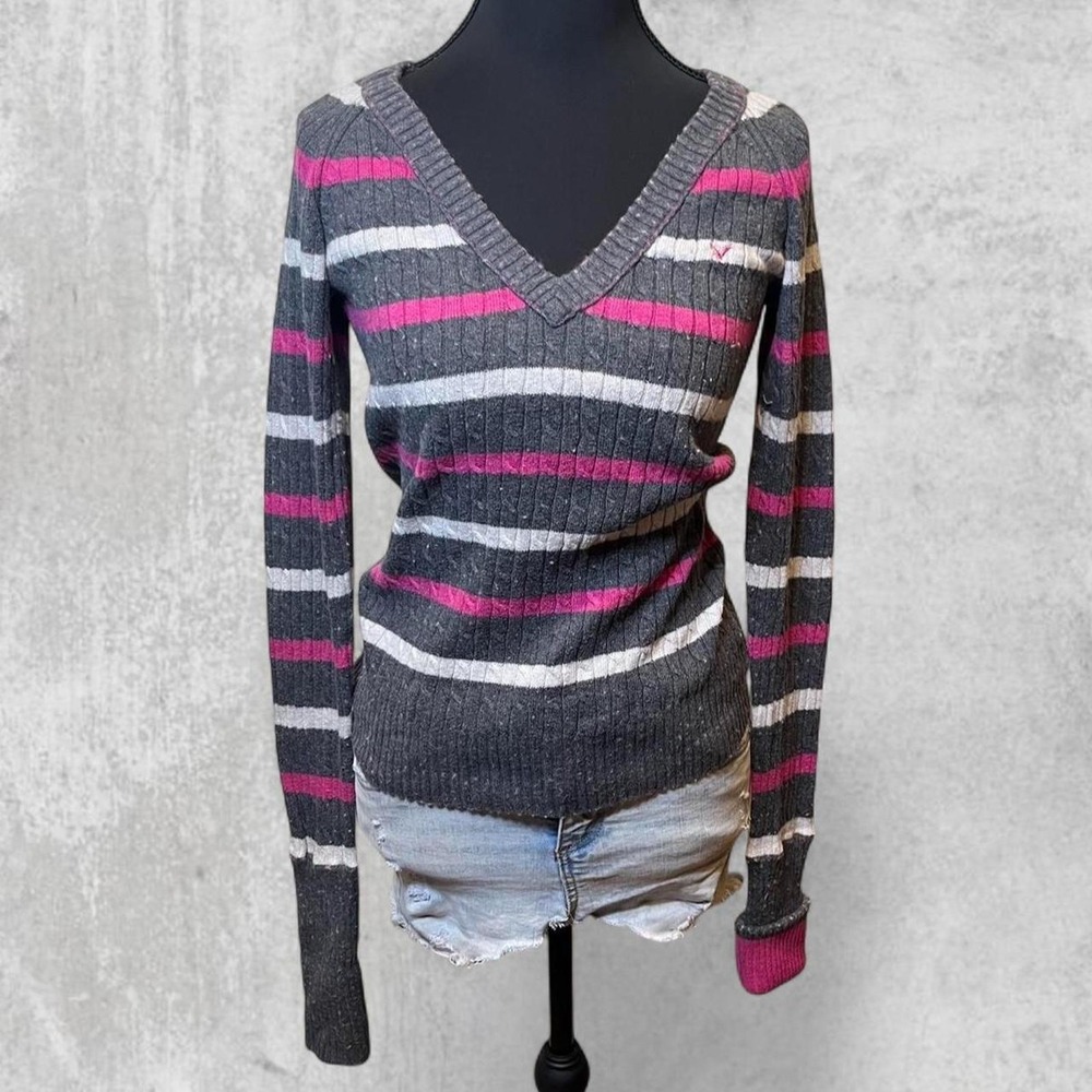 American Eagle Pink Gray Striped Cable Knit V-Neck Sweater Womens Medium
